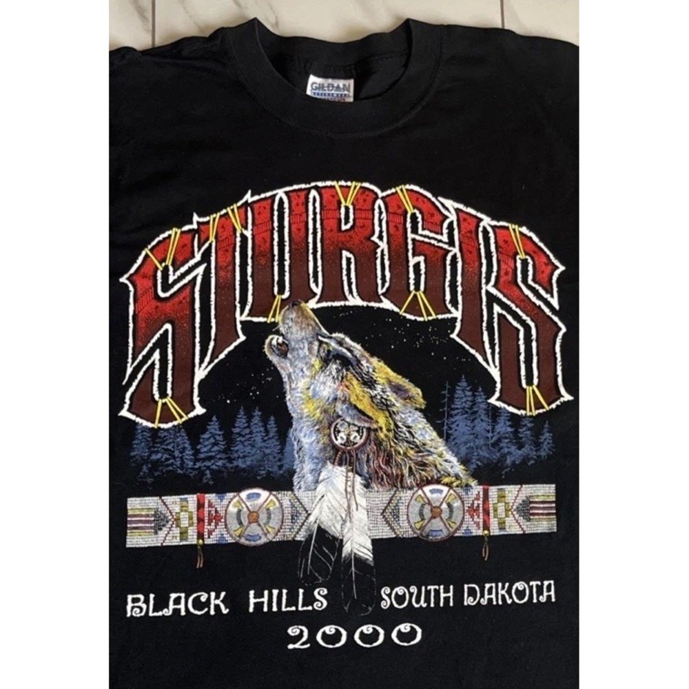 Vintage 2000 Sturgis Black Hills SD T-Shirt L Wolf Dreamcatcher Biker 2-Sided